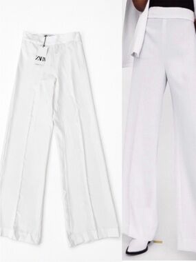 NWT Zara White Wide Leg Pants High Waisted Minimalist Dressy S Quiet Luxury